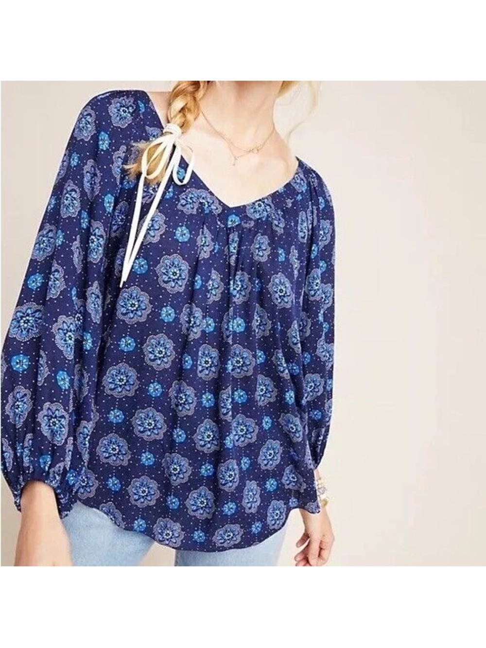 Anthropologie Maeve Navy Blue 3/4 Sleeve Peasant Floral Shirt Blouse US Size 2 - Picture 3 of 10